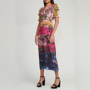 SALONI Multicolor Palm-Print Midi Dress (Pink, Yellow, Green, Blue, Purple)
